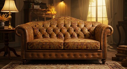 Fototapeta premium Vintage Floral Sofa with Distressed Leather in a Cozy Autumnal Home Interior