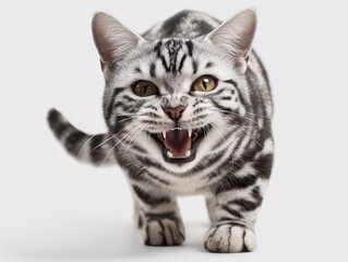 American shorthair, angry cat with a fierce expression, showing sharp teeth, on a white background