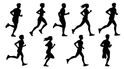set of running people silhouette vector on tranparent background.