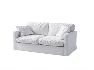 Fototapeta premium A modern white sofa with soft pillows sits on a white background, showcasing its minimalist design and inviting comfort for a relaxing living space indoors.