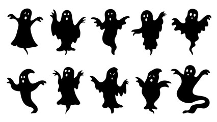 set of halloween ghosts silhouette vector on tranparent background