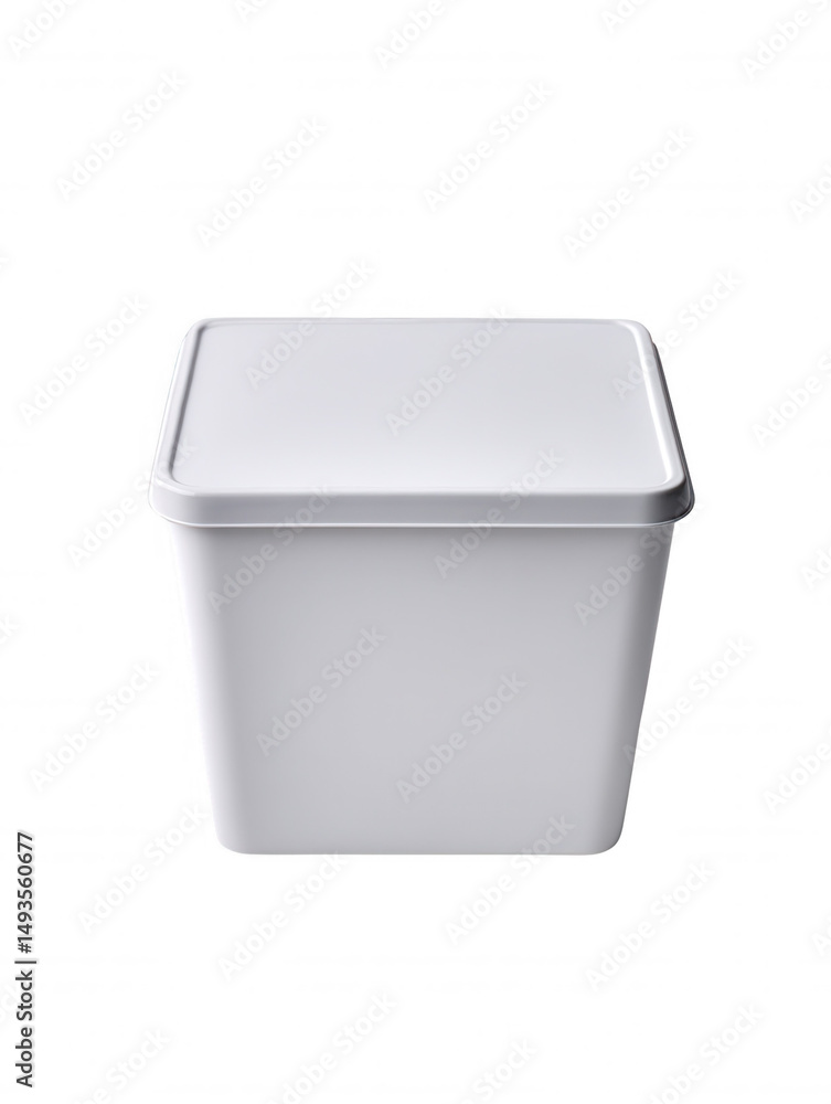 Poster a simple square white plastic container with a matching lid is centered against a plain background, 