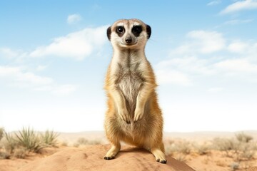 Fototapeta premium A playful meerkat, standing upright on its hind legs, observing its surroundings, isolated on a white background