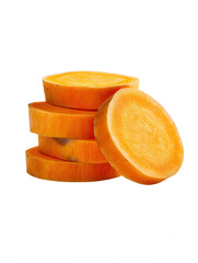 Sliced sweet potatoes are neatly stacked on a white surface, showcasing the vibrant orange hue and fresh texture of the root vegetable in close-up detail.