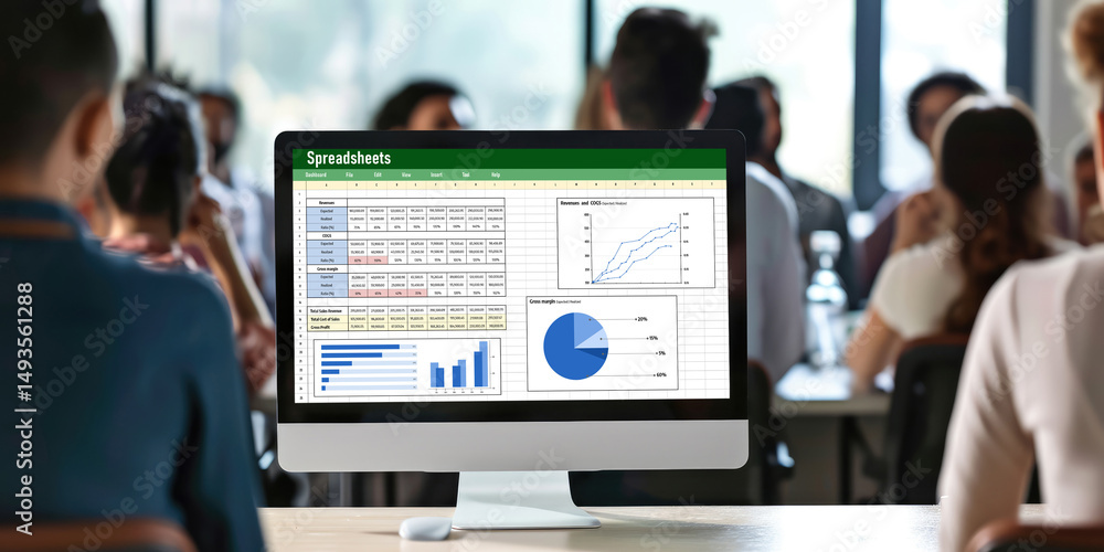 Poster spreadsheet document information financial startup concept. data and graphs in spreadsheet documents