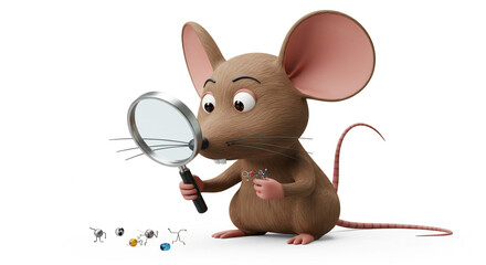 A curious cartoon mouse uses a magnifying glass to examine an atom model on white.