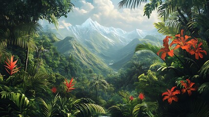 Lush tropical valley with snow-capped mountains.