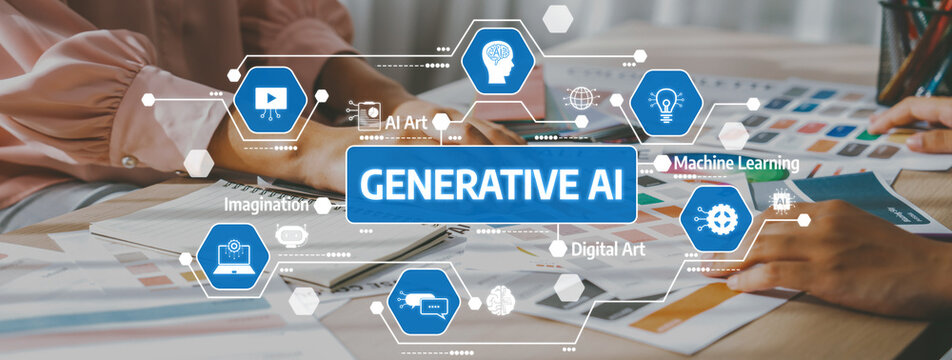 Visual representation of generative AI concepts, showcasing digital art tools and collaboration in a creative design environment. Ideal for technology, education, and innovation themes. Amity - Powered by Adobe