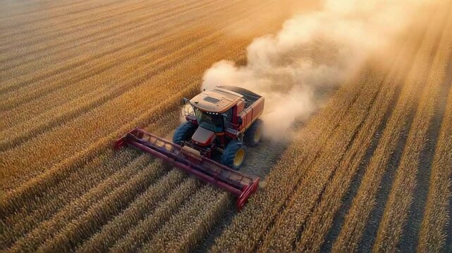 Harvest Time: A red tractor in motion, cutting a swathe through a golden wheat field under a vibrant sky, leaving a trail of dust in its wake.
