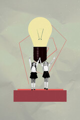 Trendy art creative vertical photo collage of happy businesswoman businessman stand light bulb idea...