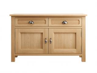 An oak sideboard cabinet with two drawers and doors, standing against a white background, featu a simple and elegant design for home furnishing decor.