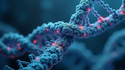 Microscopic red blue DNA double helix image