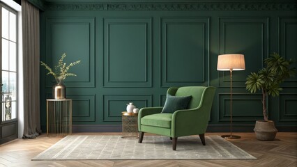 Elegant Green Room Armchair, Paneling and Natural Light, Interior Design, Home Decor