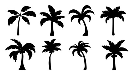 set of stylized palm tree silhouette vector on tranparent background