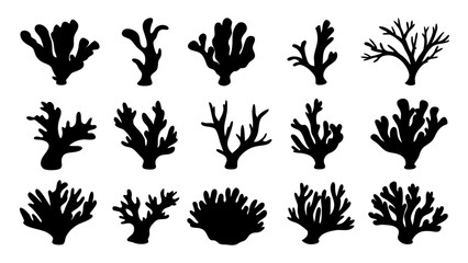 Seaweed silhouettes, coral black icon. Abstract organic shape, underwater plant, matisse element, cute sea doodle.