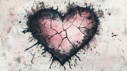Cracked heart with black paint splatters on textured white background