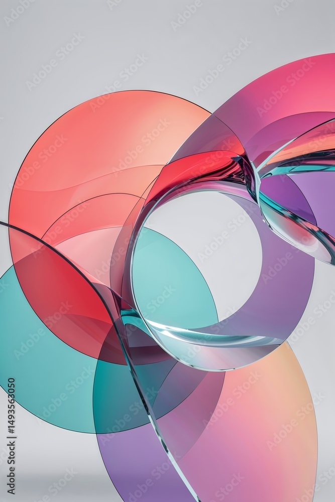 Poster colorful abstract sculpture with overlapping circular shapes displayed in an art gallery