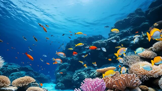 Underwater Tropical Scene with Colorful Fishes Swimming on Coral Reef