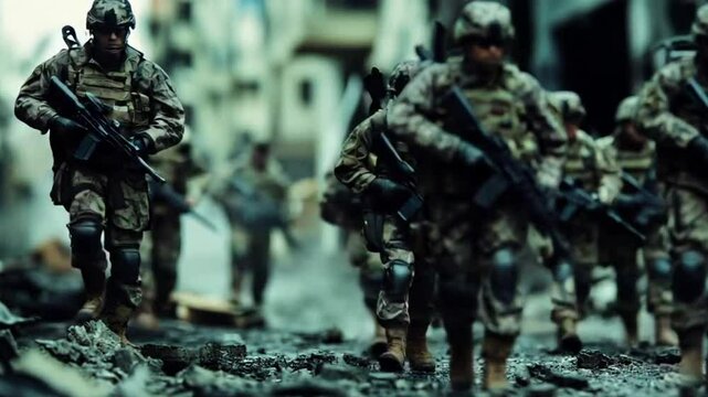 Combat Soldiers Marching Through Rubble in Destroyed Urban Battlefield
