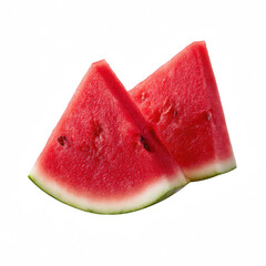 Two vibrant watermelon wedges displaying their refreshing red flesh and green rind sit invitingly against a clean white background, promising a sweet taste sensation.