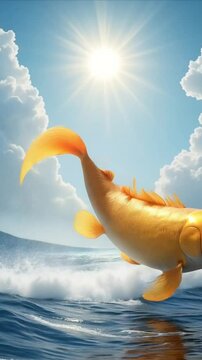Golden Fish Leaping from Ocean in Sunshine &ndash; Fantasy Sea Creature Illustration