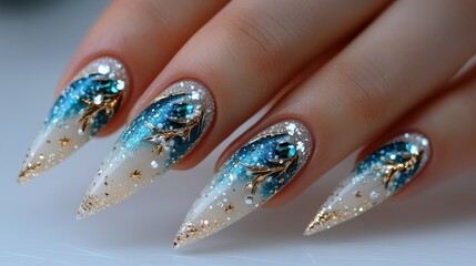 Winter-themed, long, pointed artificial nails with glitter and gemstones