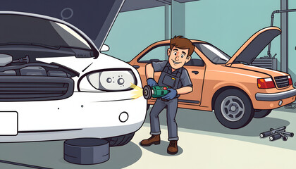 auto repairman grinding automobile body. with white shades
