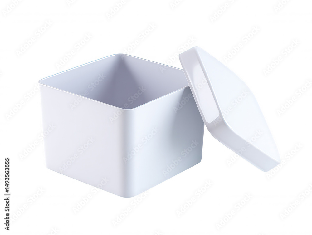 Poster a simple white square container with an open lid sits on a plain background, inviting the viewer to 
