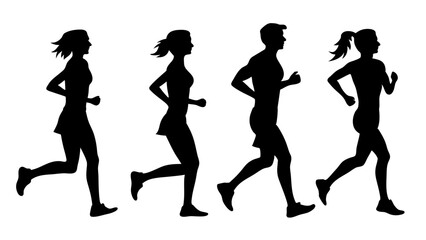 set of running people silhouette vector on tranparent background.
