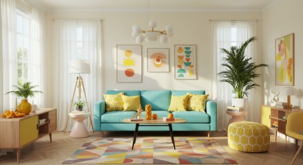 Sunlit Living Room with Teal Sofa Geometric Patterns and Playful Decor for a Bright Cheerful Home Interior Design