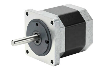 High-precision stepper motor with metal shaft and mounting plate isolated on a transparent background