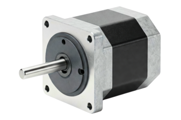 High-precision stepper motor with metal shaft and mounting plate isolated on a transparent background