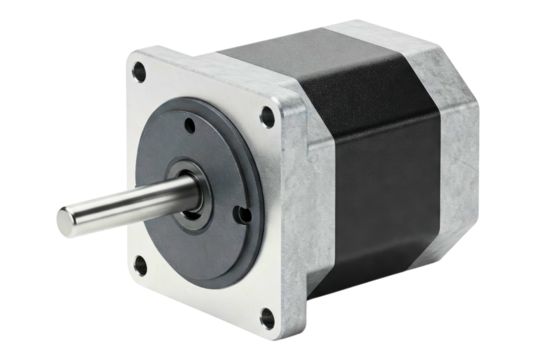High-precision stepper motor with metal shaft and mounting plate isolated on a transparent background