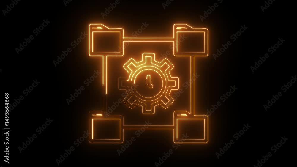 Poster workflow automation neon style with folders,clock,gear on black background