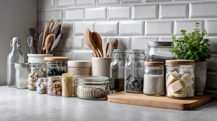 Minimalist kitchen counter showing reusable containers glass jars reduced plastic usage items placed neatly