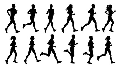 set of running people silhouette vector on tranparent background.