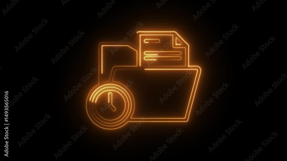 Poster glowing outline animation of folder with clock icon for deadline or project completion concept