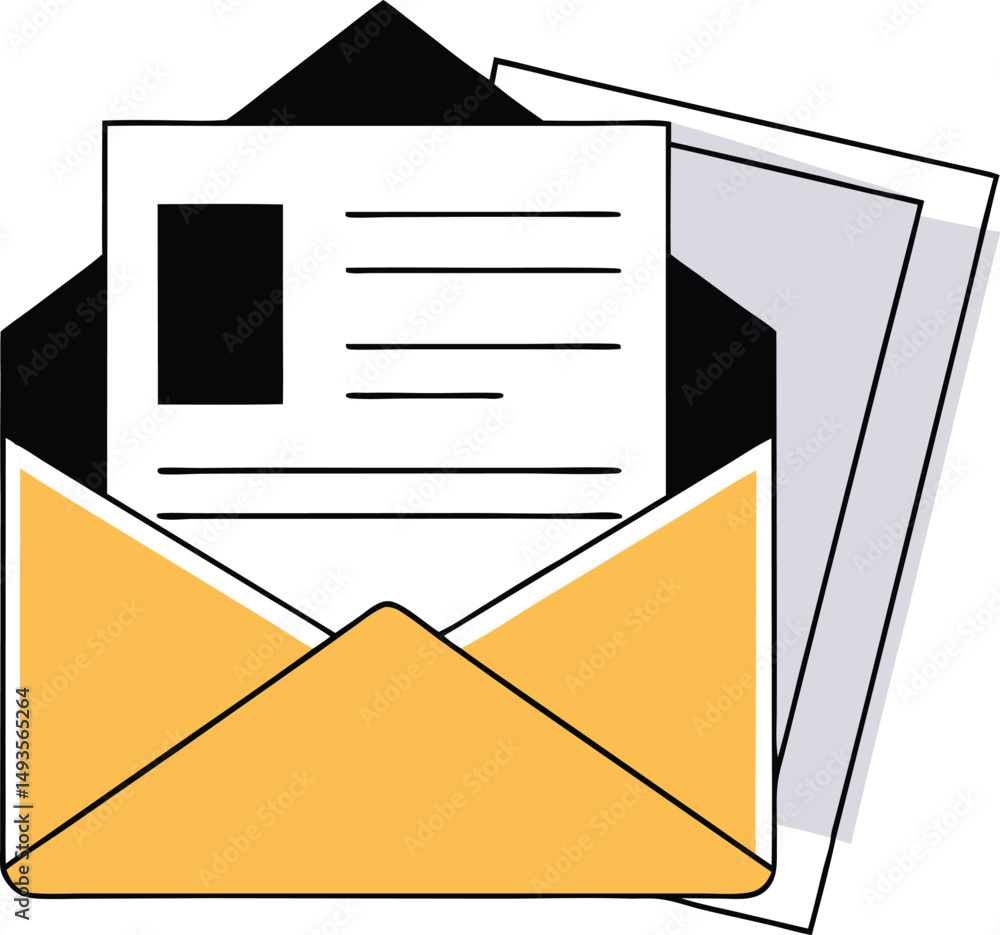 Poster open yellow envelope with documents concept representing communication and correspondence