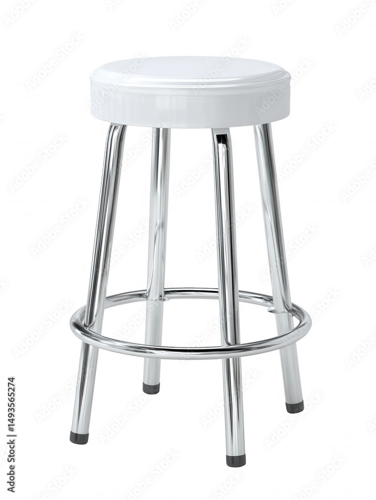Poster a simple white cushioned bar stool with shiny chrome legs and a circular footrest is isolated on a c