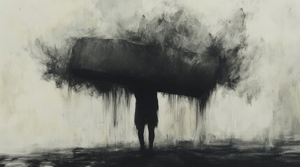 Figure carrying a burden in abstract black and white painting