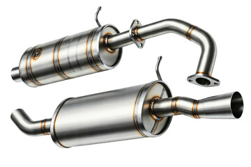 Two stainless steel vehicle exhaust silencer parts isolated on a transparent background