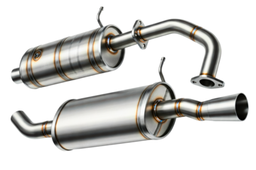 Two stainless steel vehicle exhaust silencer parts isolated on a transparent background