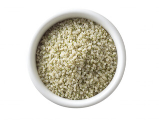 An overhead studio shot depicts hulled hemp seeds, showcasing their texture and color, arranged in a small white bowl against a stark and clean white backdrop.
