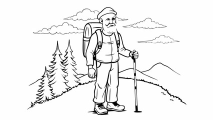 Naklejka premium Retired man hiking with excitement and exploration in a detailed line art illustration