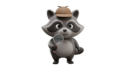 Naklejka premium A charming cartoon raccoon detective with a magnifying glass, ready to solve a mystery.