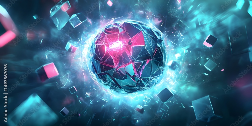 Poster abstract digital sphere with fragmented cubes.
