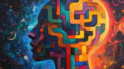 Abstract painting of a human head filled with colorful maze patterns