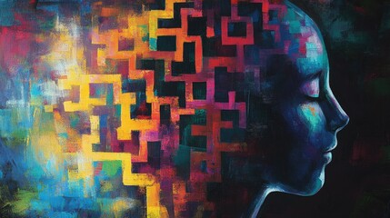 Abstract painting of human head with colorful geometric patterns