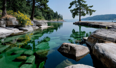 Fototapeta premium A flooded quarry with mirror-like green water in the middle of a pine forest. Mining damage and ecology concept. Landscape view for wallpaper, poster