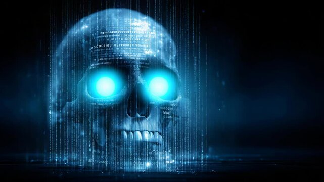 Dead Internet Theory visualization with glowing blue cyber skull and digital rain, symbolizing AI-generated web illusion, dark tech dystopia